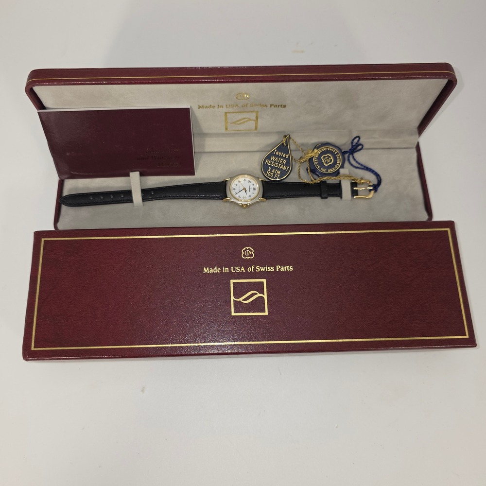 Landmark Watch Women 26mm Black Gold Two Tone Excellent Swiss Quartz Date 90s